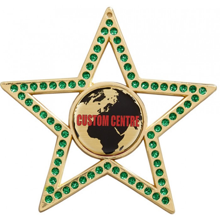 GOLD 75MM - GREEN STAR GEMSTONE CUSTOM VINYL DOMED MEDAL **SPARKLE**